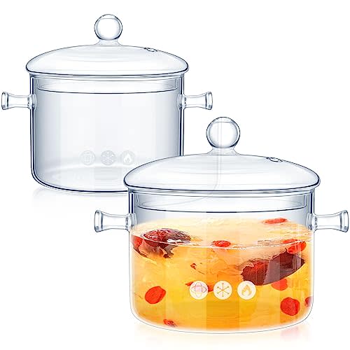 Zubebe 2 Pcs Glass Pots for Cooking on Stove Set Glass Saucepan with Cover Heat Resistant Clear Pots and Pans Set Stovetop Cookware Simmer Pot with Lid for Soup Milk(1.3 L, 1.9 L)