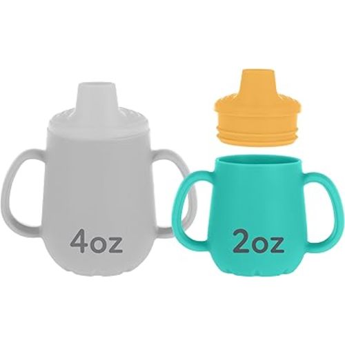 Nuby First Training Cup - Silicone Cup with Free-Flow Spout and Easy-Grip Design - 2 oz - 6+ Months - Yellow and Aqua