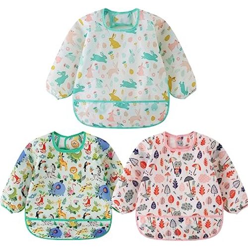 3 Pcs Waterproof Long Sleeves Baby Bibs Weaning Smock Bib 3-24 Months