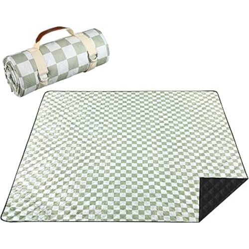 Nuanchu Checkered Picnic Blanket Extra Large Sage Green Outdoor Blanket Waterproof Sandproof 80"x80" Portable Machine Washable 3 Layer Thick Gingham Picnic Mat for Beach Camping Park Grass Travel