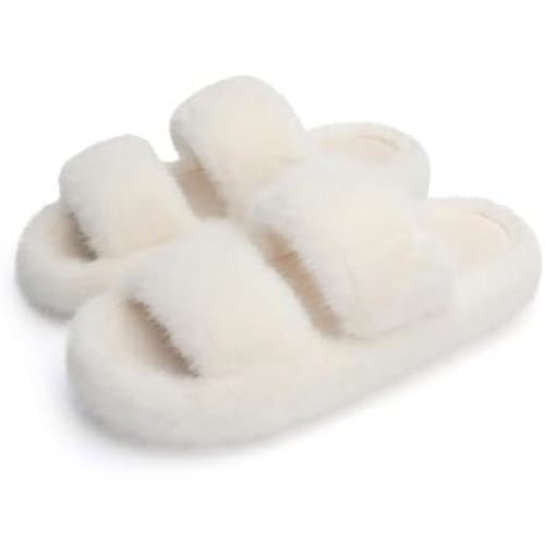 Chantomoo Women's Memory Foam Fuzzy Comfy Faux Fur House Shoes - Furry Bedroom Indoor Open Toe Slippers with Two Bands - Trendy Gift Slippers