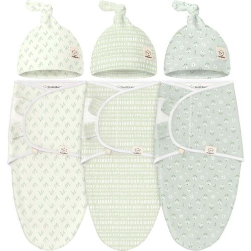 KeaBabies 3-Pack Organic Swaddle Sleep Sacks Baby with Newborn Beanies, Premies Swaddles Wrap 0-3 Months, Ergonomic Wearable Blanket (Leafy)