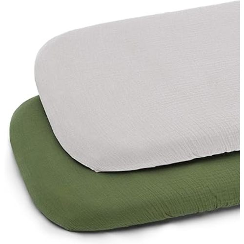 Muslin Bassinet Sheet for Baby Boy and Girl-2 Pack 17"x 33" Soft Bedside Bassinet Sheets Fitted for Rectangle, Round, Oval, Hourglass Mattress-Neutral Olive Green & Beige
