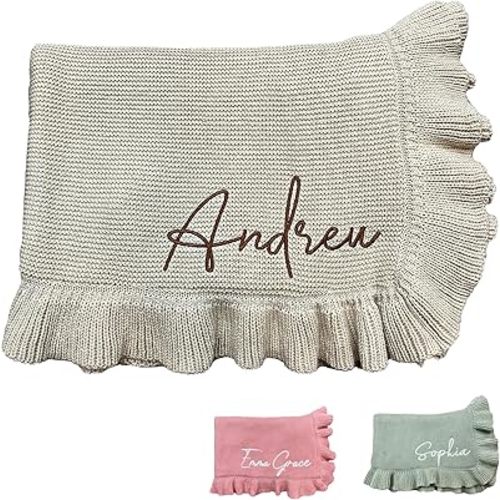 Personalized Knit Baby Blanket - 30x40in for Newborn Girl and Boy - Custom Name Embroidery - Soft Knitted Gifts for Baby Shower (Camel)