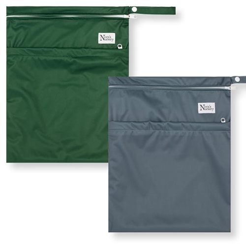 Nora's Nursery Wet Dry Bags with Two Zippered Pockets - Reusable and Washable Wet Bag for Swimming, Travel, Beach, Pool, Daycare, Cloth Diapers, Toiletries and Swimsuits - 11x15 - Forrest - 2 Pack