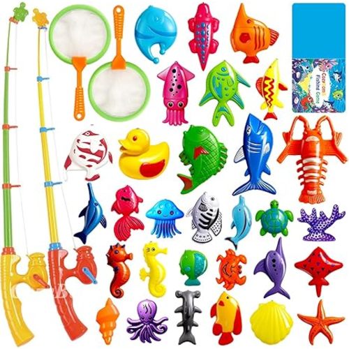CozyBomB™ Magnetic Fishing Toys Game Set for Kids | Water Table Bathtub Kiddie Pool Party & Pole Rod Net, Plastic Floating Fish Toddler Color Ocean Sea Animals Birthday Age 3 4 5 6 Year
