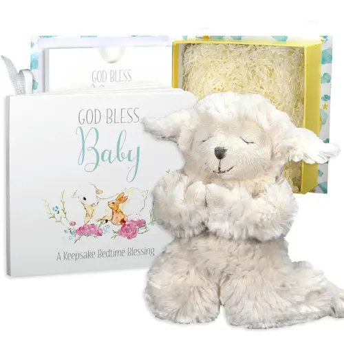 Tickle & Main Praying Musical Lamb & Baby’s First Prayer Book Baptism & Christening Gift Set for Boys with Baptism Card - 2-Pc White Box - Plush Lamb Sings Nighttime Prayer