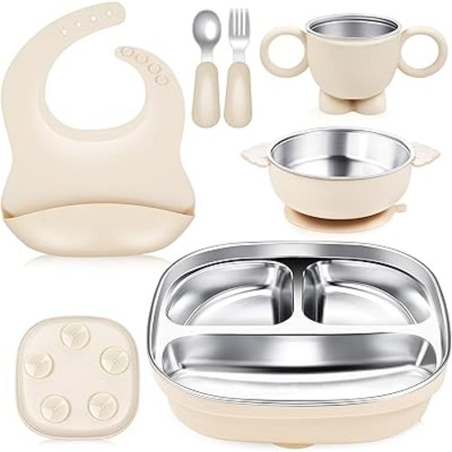 Stainless Steel Kids Plates and Bowls, 6 Pcs Baby Tableware Set Contain Deep-Divide Toddler Plates, Bowls, Cup, Utensils & Bib – BPA-Free 304 Steel + Silicone Suction – Dishwasher Safe