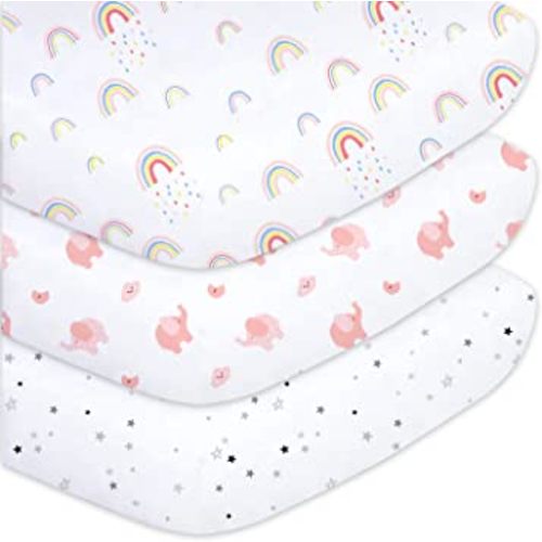 Plushii Crib Sheets for Baby Girls 3 Pack, 28"x 52" Extra Soft Microfiber Crib Sheet Set for Baby Crib Mattress Sheet & Toddler Mattress Pad, Rainbow & Elephant & Stars