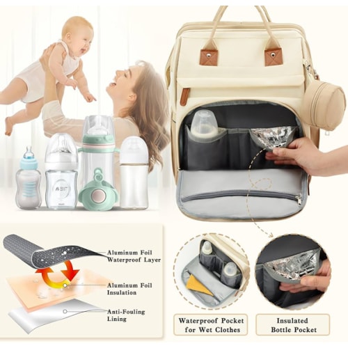 DERJUNSTAR Diaper Bag, Baby Diaper Backpack with Changing Station (Beige/Khaki)
