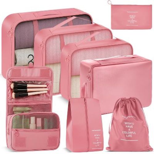 Fosmon 8pc Packing Cubes For Travel Compression,Suitcase Luggage Organizer bags, Hanging Toiletries Travel Bag Makeup Organizer Travel Cubes Set, Pink