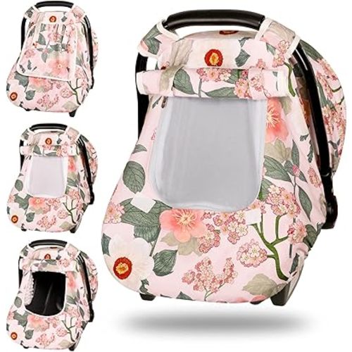 TANOFAR Car Seat Cover Baby, Winter Carseat Cover for Newborn, Infant Car Seat Cover with Windproof and Kick-Proof, Super Warm Plush Fleece Baby Carrier Cover for Infant Boys Girls (Floral)