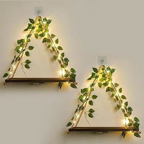 Floating Shelves,Plant Wall Decor,Wall Shelf,No Drill Shelves,Decorative Leaves and Light Strip,Set of 2 Plant Shelf Wall,Easter for Decorating Room(Green Leaf)