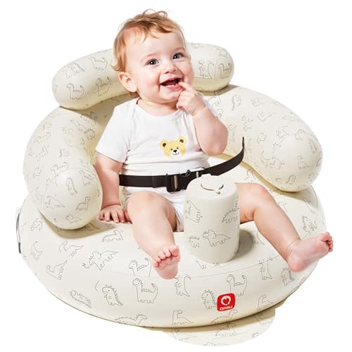 QPAU Inflatable Baby Seat with Safety Harness, Baby Chair for Sitting Up (3 Months & Up), Portable Blow Up Baby Stuff with Built-in Pump (Dinosaur)