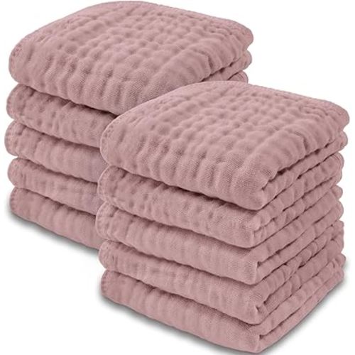 Baby Washcloths, Muslin Cotton Baby Towels 10 Pack -Large 10”x10” Wash Cloths Soft on Sensitive Skin, Absorbent for Boys & Girls, Newborn Baby & Toddlers Bibs & Burp Cloths Essentials Set, Mauve