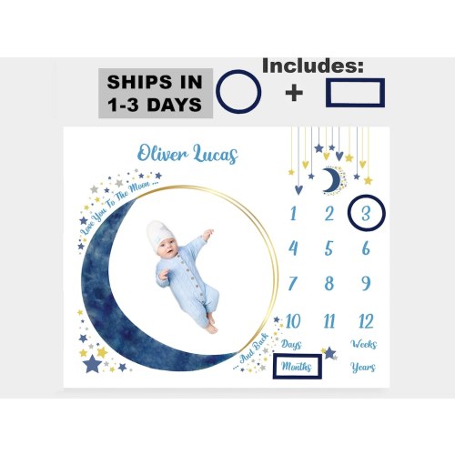 50x40 Baby Milestone Blanket Boy Moon and Stars Design with Markers, Baby Photo Prop, Monthly Baby Milestone, Personalized Baby Blanket