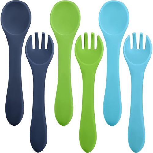 Nuenen 6 Pieces Silicone Baby Feeding Forks and Spoons Set Hot Safety First Stage Self Feeding Supplies Mini Kids Utensils for over 6 Months Babies Boy Girl Toddlers First Foods (Fresh Color)