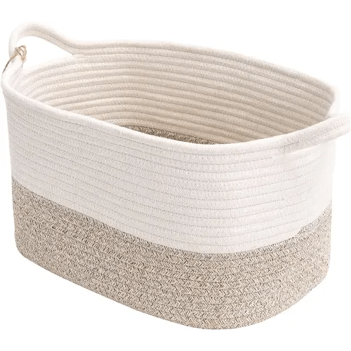 Cute Woven Basket With Handles,（15"x9.8"x9" Sturdy&Durable Baby Toys Basket,Nursery Bin,Dog Toy Basket,Dog Toy Bin,Dog Toy Box,Kindly for Baby,White and Brown ,1pack