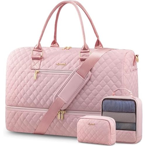 LOVEVOOK Travel Duffle Bag for Women, Weekender Overnight Bag with Shoe Compartment, Carry on Bag with Toiletry Bag, Gym Duffel Bag with Wet Pocket, Hospital Bags for Labor and Delivery 3 Pcs Set
