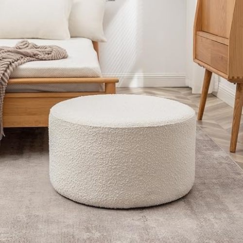 Modern Round Boucle Upholstered Ottoman with Soft Padded Seat, Multi-Functional Sofa Footrest, Side Table, Extra Seating for Living Room, Bedroom, Entryway (24" D x 24" W x 13" H)