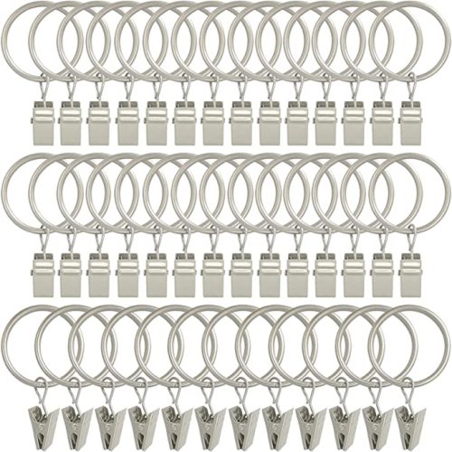 40 Pack Curtain Rings with Clips, Curtain Clip Rings Hooks, Bow Hanger Clips for Hanging Drapery Drapes Bows, Ring 1.26 inch Interior Diameter, Fits up to 1" Rod, Matte Silver