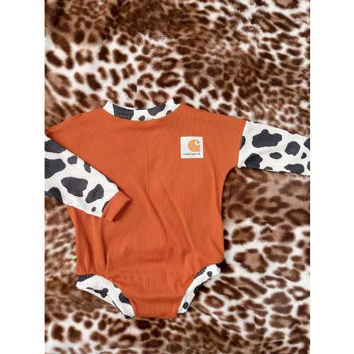 Cow carhartt romper/  toddler clothing/ baby clothing/western / boho / trendy / vintage/ handmade/ custom baby clothes / romper /leotard