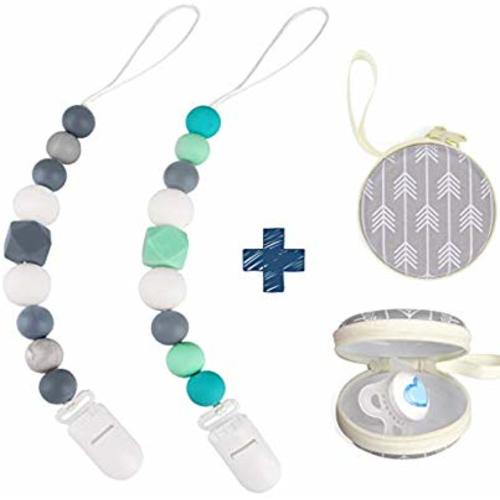 Silicone Pacifier Clip by Dodo Babies Pack of 2 + Pacifier Case, Premium Teething Bead Universal Holder Leash for Boys and Girls, Teething Toy or Soothie, Baby Shower Gift Set