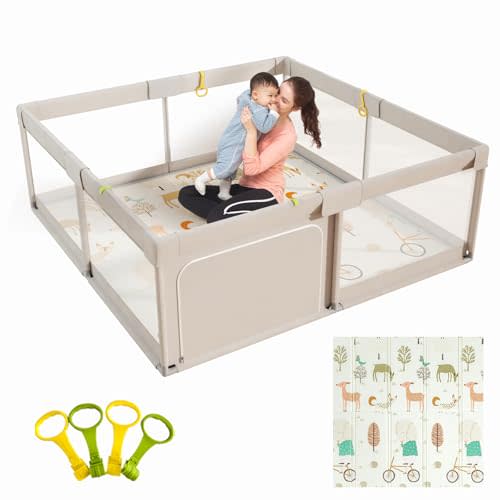 Mloong Baby Playpen with Mat, 59x59 Inches Extra Large Playpen for Babies and Toddlers, Indoor & Outdoor Activity Center, Safety Baby Fence with Gate