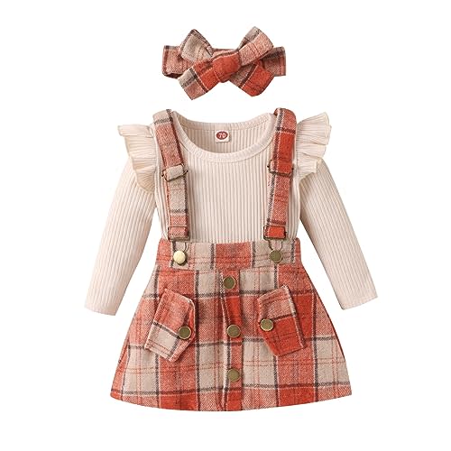 Ursobutegl Baby Girl Christmas Outfit Long Sleeve Romper Top Deer Plaid Suspender Skirt Set Cute Fall Winter Clothes