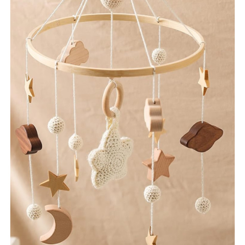 Baby Crib Mobile for Boys Girls| Boho Nursery Mobile| Gender Neutral Hand-Crocheted Mobile| Ceiling Mobile - Stars, Clouds, Moon