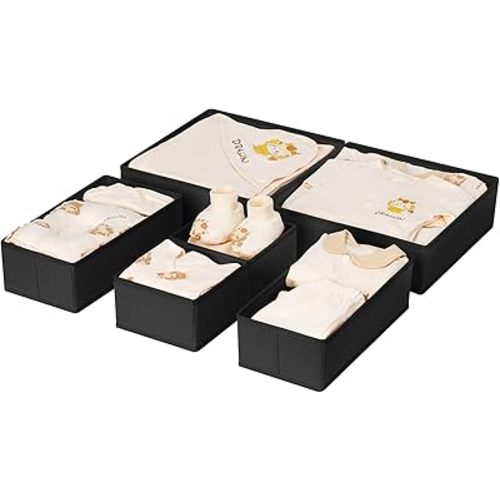 DIMJ Drawer Organizer Clothes 6 Pack - Foldable Baby & Nursery Organization Dresser Dividers for Bedroom, Closet - Black