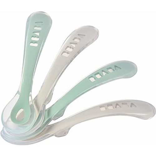 BEABA Second Stage Silicone Spoons for Self Feeding Babies, The Original Soft Tip Silicone Spoons, BPA Lead Phthalate and Plastic Free, Great Gift Set (4 Pack) (Sage)