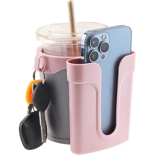 Bike Cup Holder Bike Water Bottle Holder Handlebar with Cell Phone Keys Bike Cup Holder Leather Bicycle Drink Beer Holder for Beach Cruiser Commuter Bike (Pink)