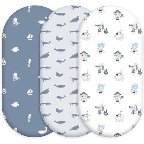 Bassinet Fitted Sheets, 3 Pack Baby Boy and Girl, Soft Breathable Stretchy Baby Pad/Mattress Sheet Set, Universal Fit for Hourglass Oval and Rectangle Bassinet Mattress（Blue Whale Ocean）