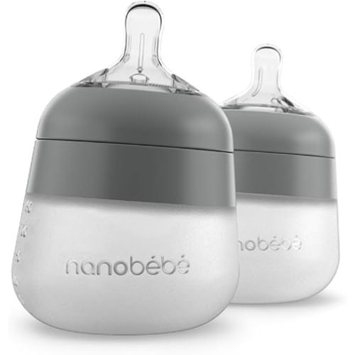 Nanobebe Flexy Silicone Baby Bottle, Anti-Colic, Natural Feel, Non-Collapsing Nipple, Non-Tip Stable Base, Easy to Clean 2-Pack, Gray, 5 oz
