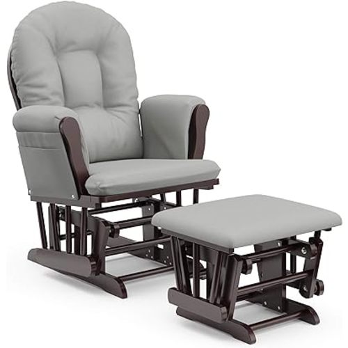 Storkcraft Premium Hoop Glider and Ottoman (Espresso with Light Gray) – Padded Cushions with Storage Pocket, Smooth Rocking Motion, Easy to Assemble, Solid Hardwood Base