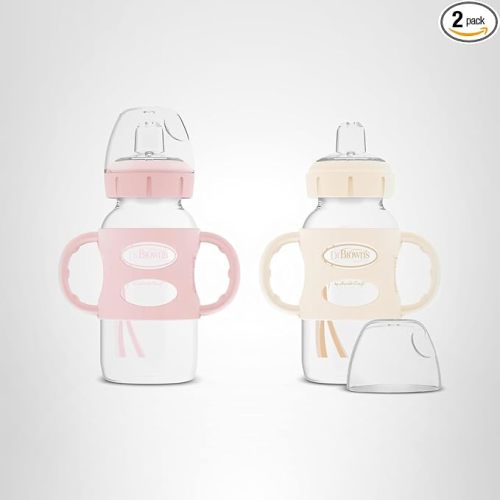 Dr. Brown's Milestones Wide-Neck Sippy Spout Bottle with 100% Silicone Handles, Easy-Grip Handles with Soft Sippy Spout, 9oz/270mL, Light-Pink & Ecru, 2-Pack, 6m+