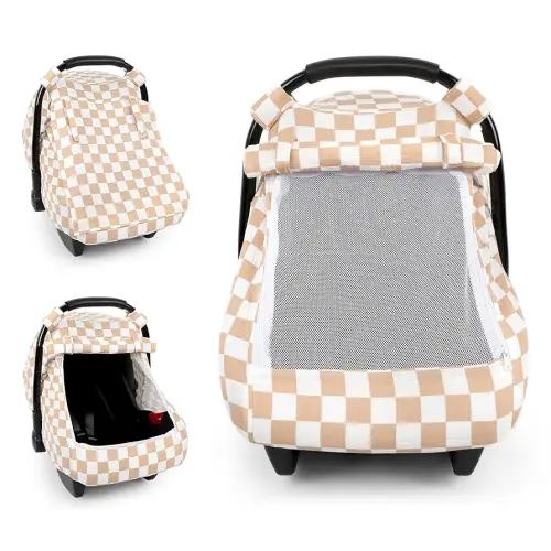 DILIMI Car Seat Covers for Babies, Muslin Cotton Baby Car Seat Cover with Breathable Mesh Window, Summer Infant Car Seat Canopy for Boys Girls Newborn, Brown Checkered
