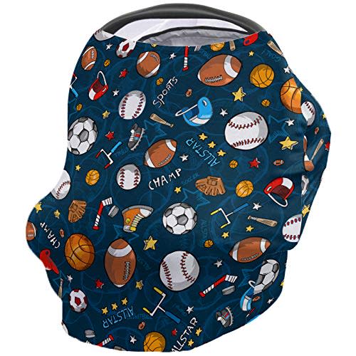 Sport Car Seat Covers for Babies Boy Girl Capony Covers Basketball Baseball Football Nursing Cover Breastfeeding Scarf Soft Breathable Stretchy Coverage, Infant Stroller Cover Shopping Cart