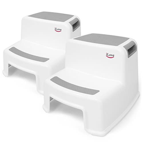 iLove 2 Step Stool for Kids and Toddlers, Bathroom and Toilet Stool for Potty Training, Slip-Resistant Soft Grips, Kitchen Stool with Handles, Dual Height - Gray (2 Pack)