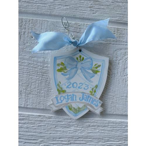 Baby blue crest personalized ornament 6”x5”