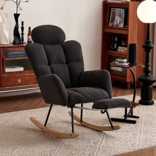 Teddy Fabric Upholstered Rocking Glider Chair, Mid Century Modern Accent Arm Chair with High Backrest and Pillows, Dark Gray - ModernLuxe