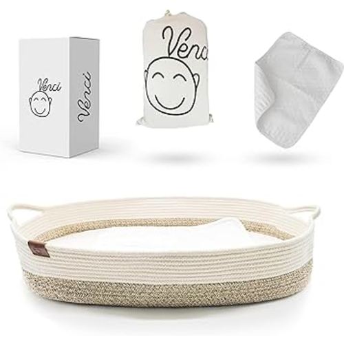 Baby Changing Basket for Dresser Top - 29.5 x 17 x 6 in, Organic Cotton Rope and Thick Removable Foam Pad, Portable Moses Basket Changing Basket for Babies, Waterproof Changing Pad