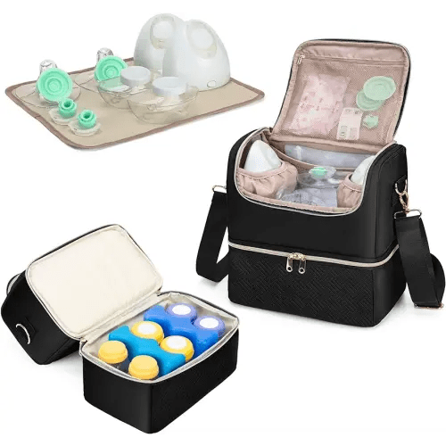 Fasrom Breast Pump Bag with Cooler Compartment Compatible with Elvie and Medela Pump, Wearable Pumping Tote with Crossbody Strap and Waterproof Mat for Work Moms, Black(Empty Bag Only)