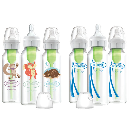 Dr. Brown's Natural Flow Anti-Colic Options+ Narrow Baby Bottle, Woodland Animals, 8oz/250ml, Level 1 Slow Flow Nipple, 0m+, 6 Pack