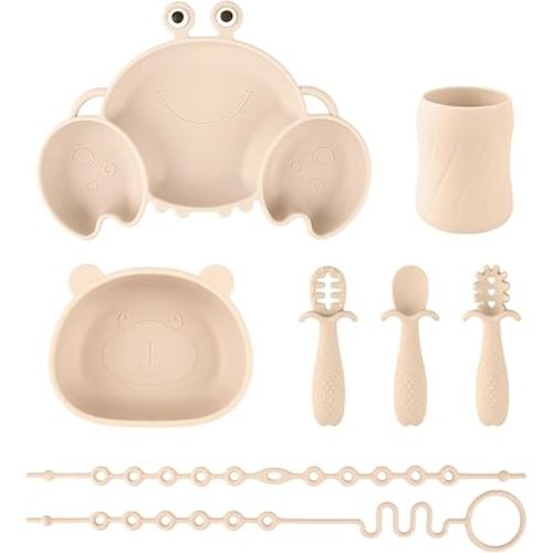 Silicone Baby Feeding Set, 8-Piece Baby Led Weaning Supplies Included Toddler Suction Plate, Bowl, Cup, 3 Spoons & 2 Safety Straps Keep Spoon, Fork & Bottle Off The Floor for Self-Feeding (Beige)