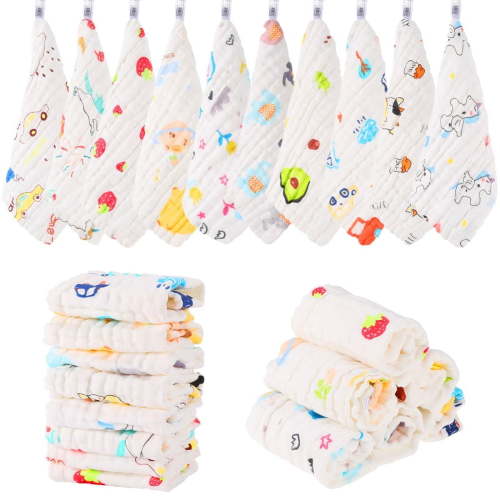 Hengguang 10 Pcs Muslin Baby Burp Cloths, 10"X10" Cotton Burp Rags, Thicken Super Soft Absorbent and Soft 6 Layers Muslin Cloth Baby for Newborn