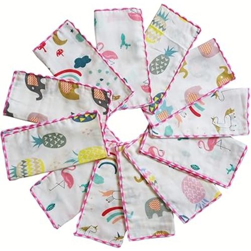 Muslin Baby Washcloths Set(12-Pack), Natural Cotton Infant Bath Towel, Soft Toddler Face Towel Gift Registry Newborn Baby Shower, 9x9 Inches, Tropical Rainforest (Square)