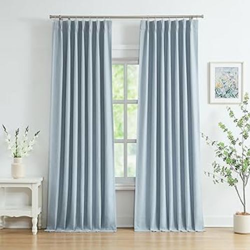 WEST LAKE 95 Inches Length Dusty Blue Bailey Pinch Pleated Full Blackout Curtain Panels with 100 Light Blocking Liners,Linen Textured Drape for Bedroom Living Room,Backtab Window Treatment,40"Wx95"Lx2