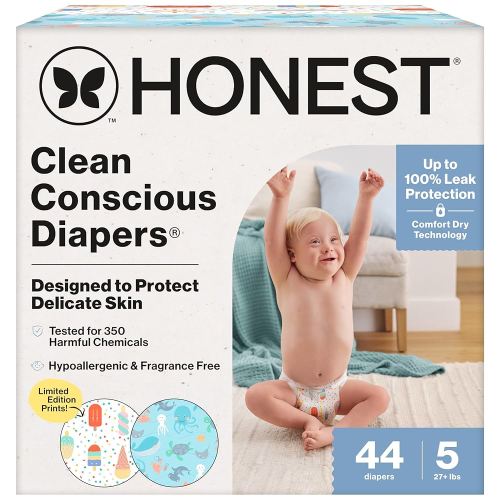 The Honest Company Clean Conscious Diapers for Delicate Skin | Up to 100% Leakproof | Hypoallergenic, Fragrance Free | Summer '25 Limited Edition Prints | Club Box, Size 5 (27+ lbs), 44 Count
